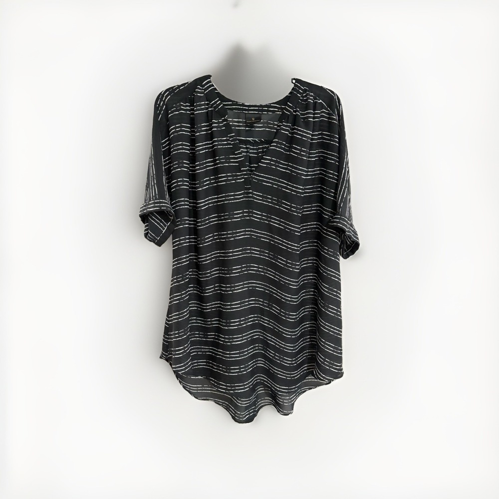 Worthington Women's XL Black White V-Neck Blouse Short Sleeve Top loose W195